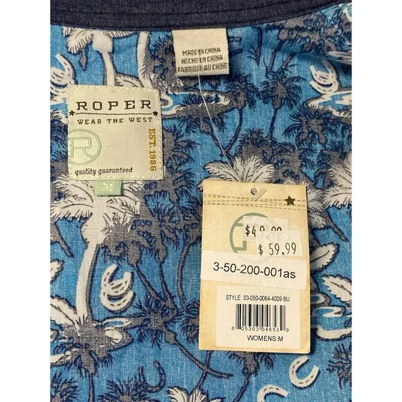 Roper Women's Blue Palm Tree Horseshoes rodeo ready Pearl Snap Western Shirt M - Picture 4 of 10